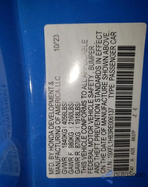 2024 Honda Civic Sport Touring z USA, uszkodzony, nr VIN 19XFL1H83RE006137